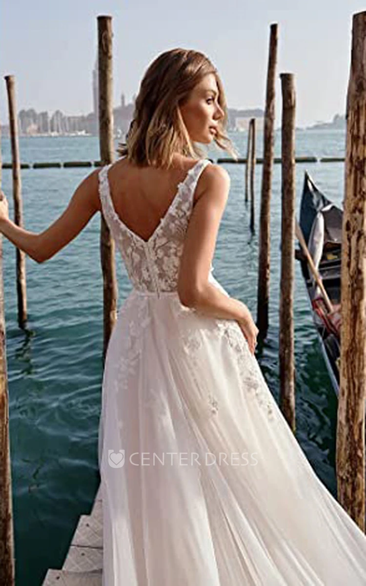 Simple A-Line Organza Wedding Dress with V-Neckline and Appliques Beach Wedding Dress