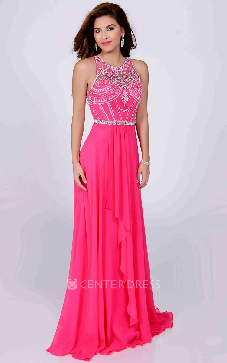 Beads Chiffon Formal Prom Dresses A-Line Long Flare Sleeves Ruched