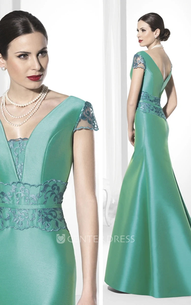Embroidered Cap-Sleeve Satin Prom Dress