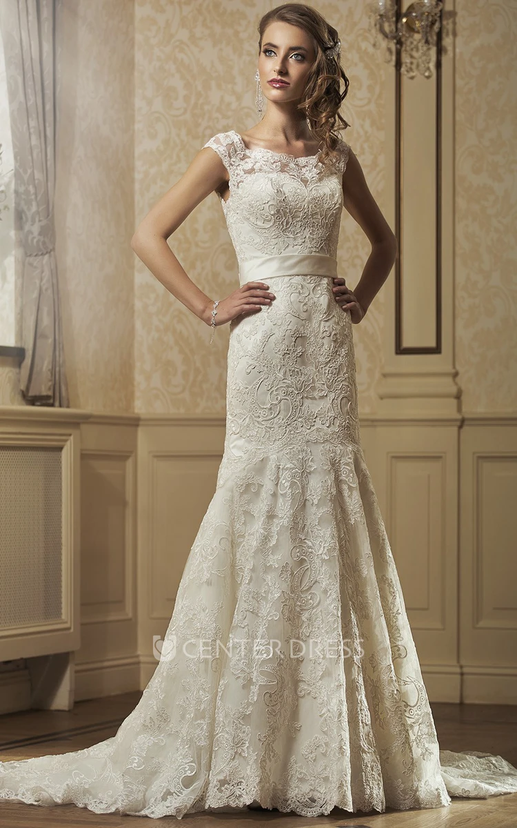 Sheath Floor-Length Square-Neck Appliqued Sleeveless Lace Wedding Dress With Bow And Court Train