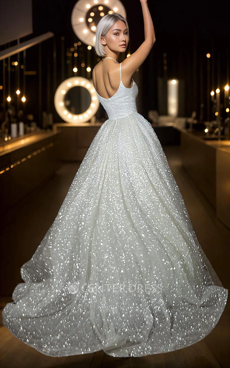 Sequins Sexy Elegant Spaghetti A-Line V-neck Ethereal Modern Floor-length Sleeveless Zipper Low-V Straps Back Wedding Bridal Dress
