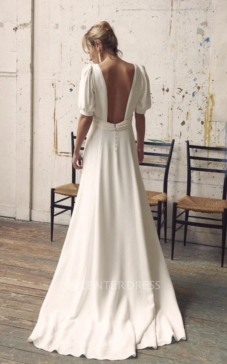 Modest Casual White A-Line Wedding Dress Unique Minimalist Balloon Sleeves Floor Length Gown