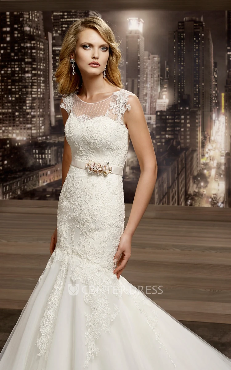 Cap sleeve Mermaid Lace Wedding Dress with Illusive Neckline and Jewel Neck