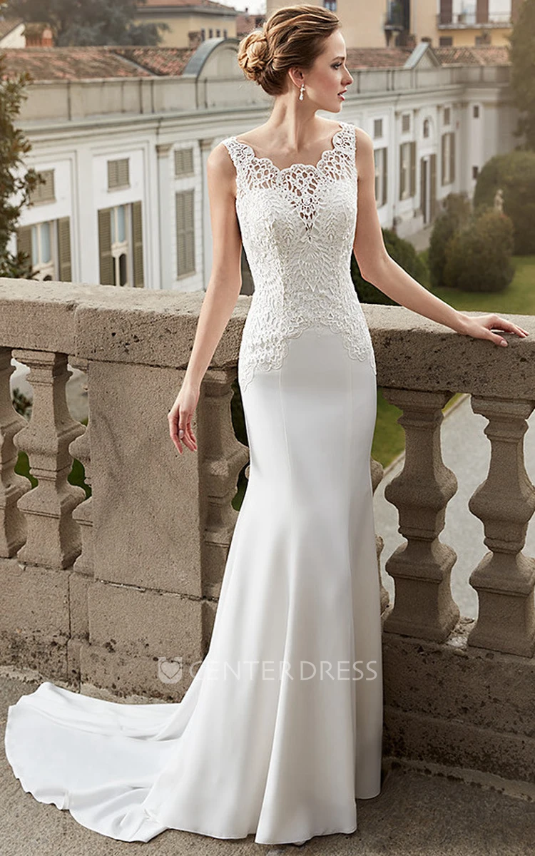 Sheath Appliqued Scoop-Neck Long Sleeveless Lace Wedding Dress