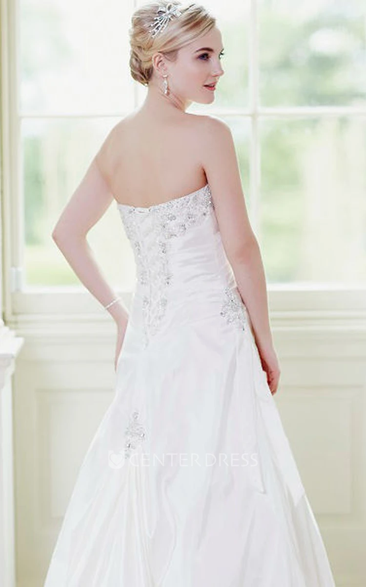 A-Line Sweetheart Beaded Taffeta Wedding Dress With Ruching And Lace Up