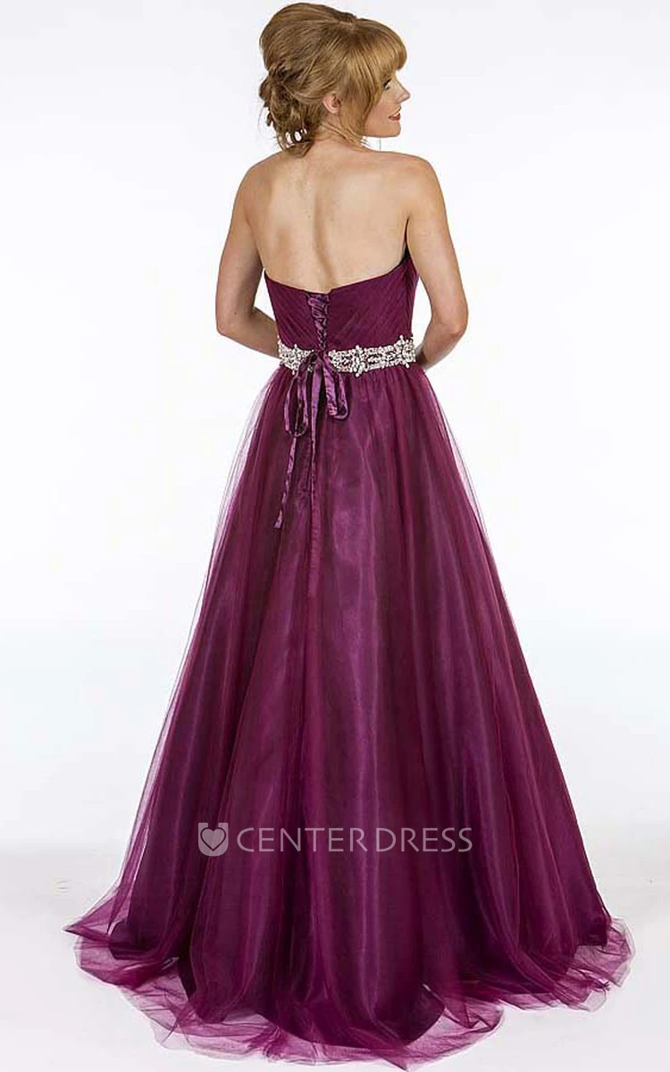 A-Line Strapless Sleeveless Maxi Ruched Tulle Prom Dress With Lace-Up Back And Waist Jewellery