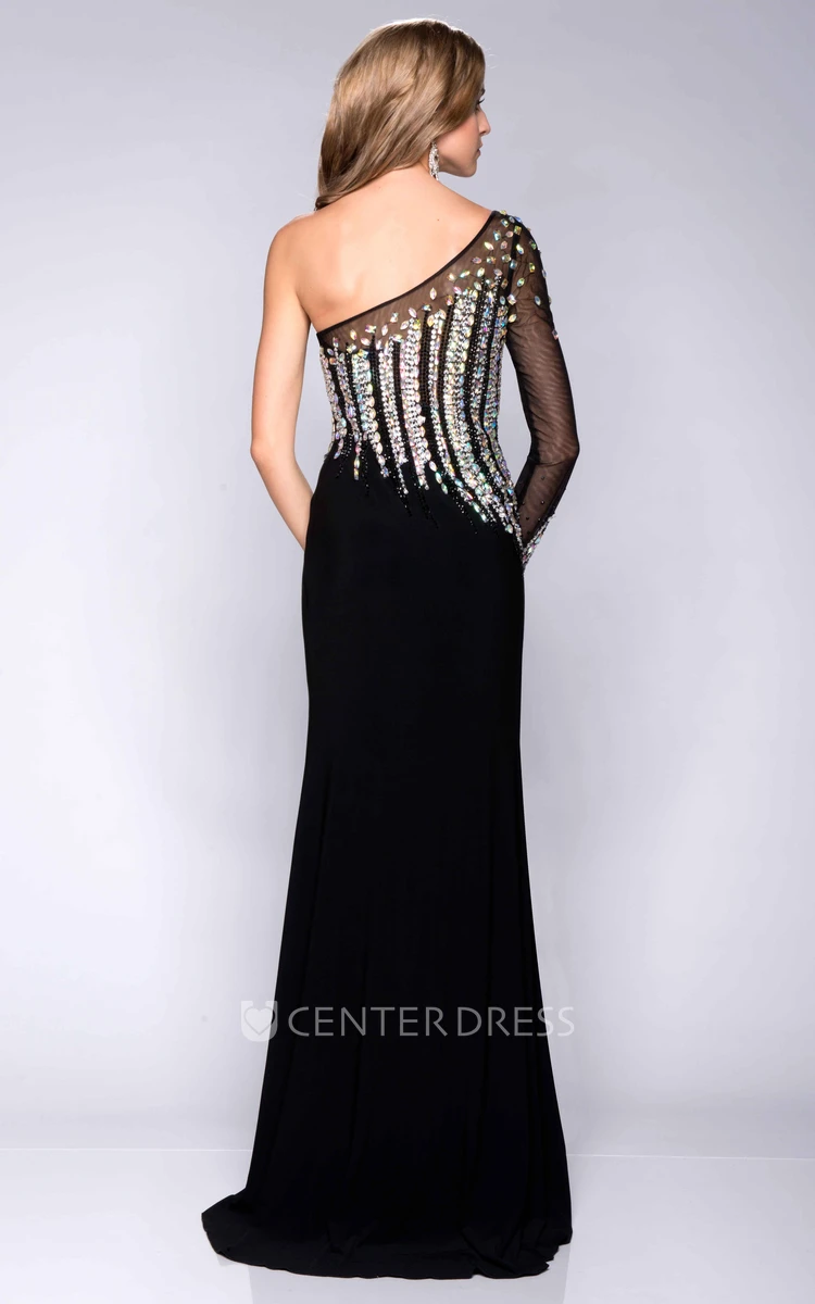 One-Shoulder Side Slit Sheath Jersey Long Prom Dress With Crystal Detailing