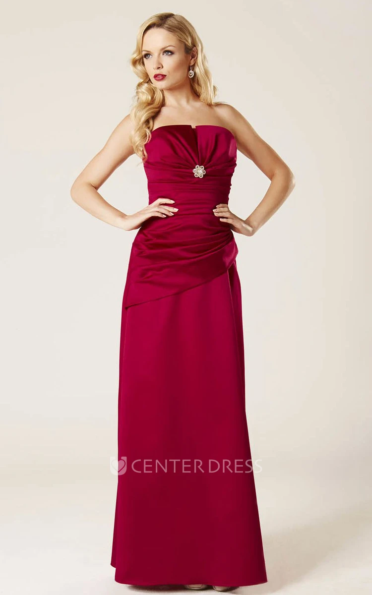 Sheath Maxi Ruched Strapless Satin Bridesmaid Dress With Broach And Corset Back