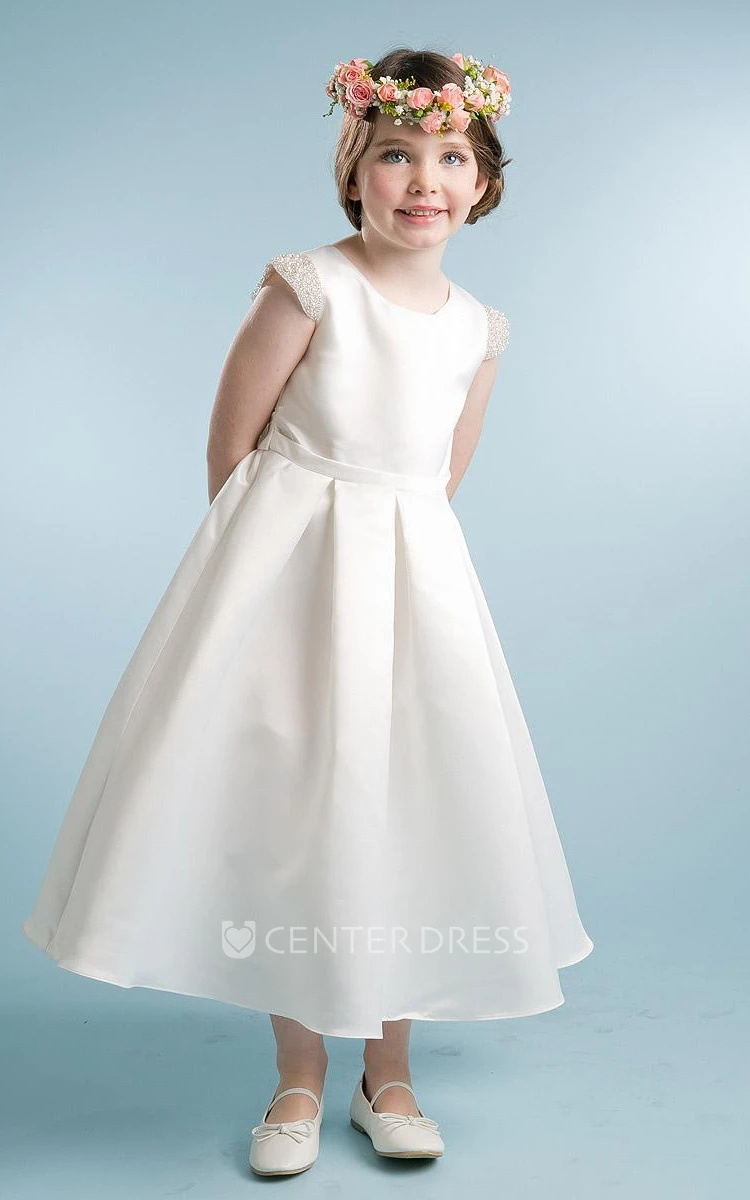 Tea-Length Pleated Cap-Sleeve Satin Flower Girl Dress