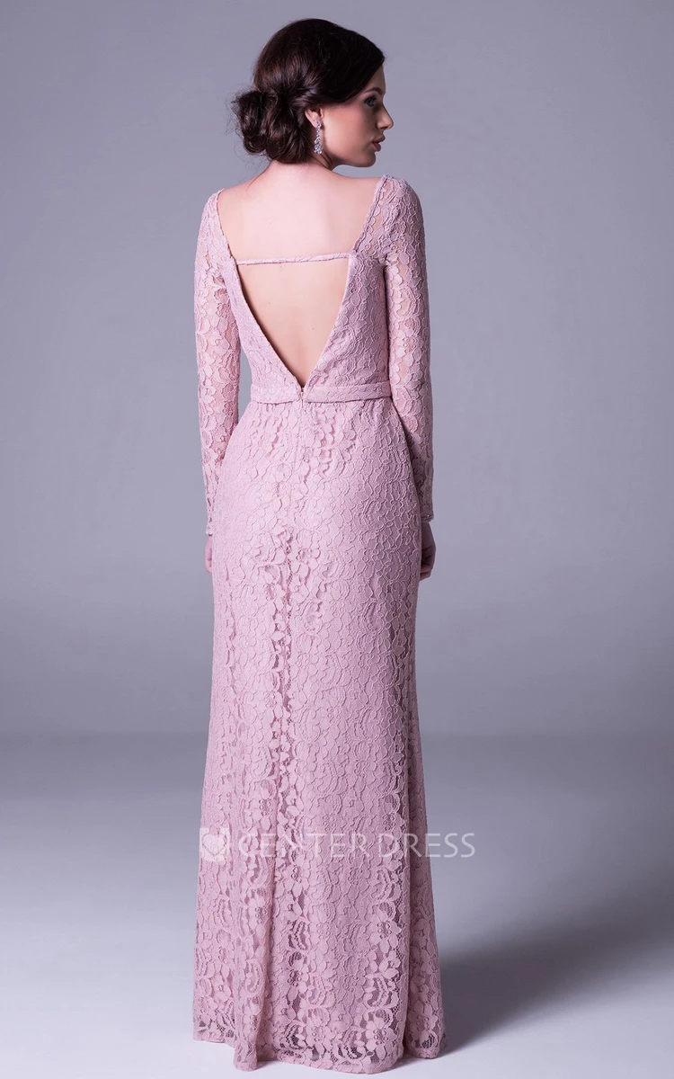 Sheath Jeweled Scoop Neck Long Sleeve Lace Prom Dress With Deep-V Back