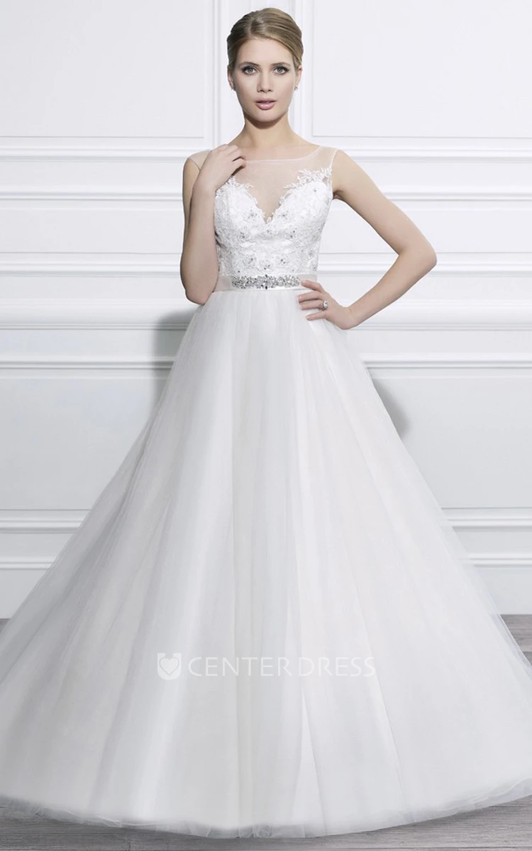 Ball-Gown Sleeveless Appliqued Long Bateau Tulle Wedding Dress With Waist Jewellery And Illusion Back