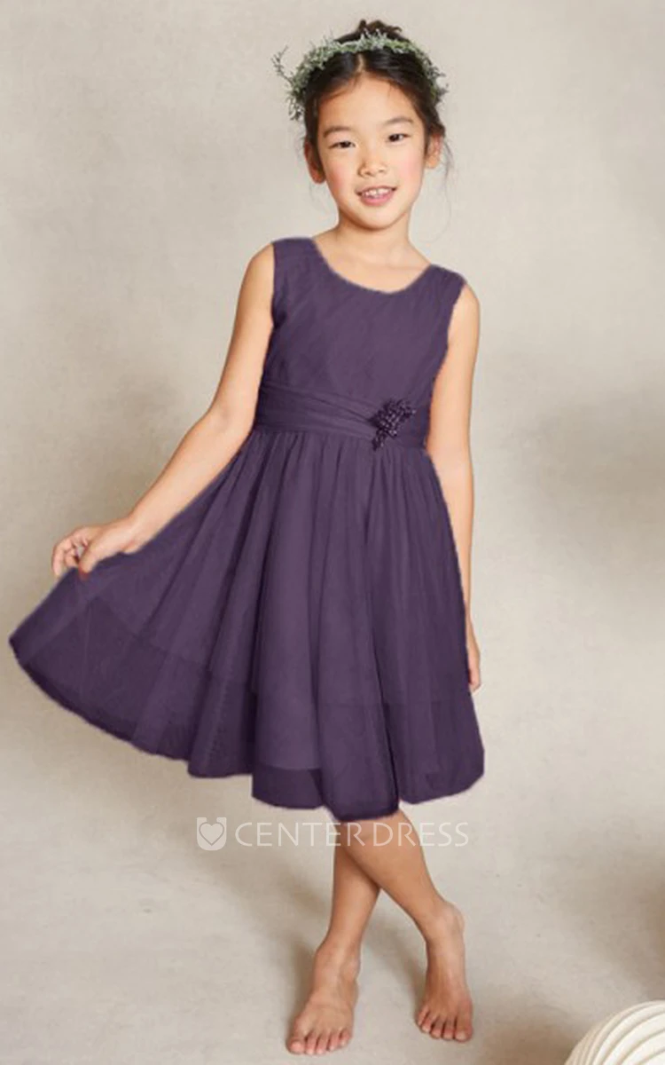 A-Line Scoop-Neck Broach Knee-Length Sleeveless Tulle Flower Girl Dress With Bow And Pleats