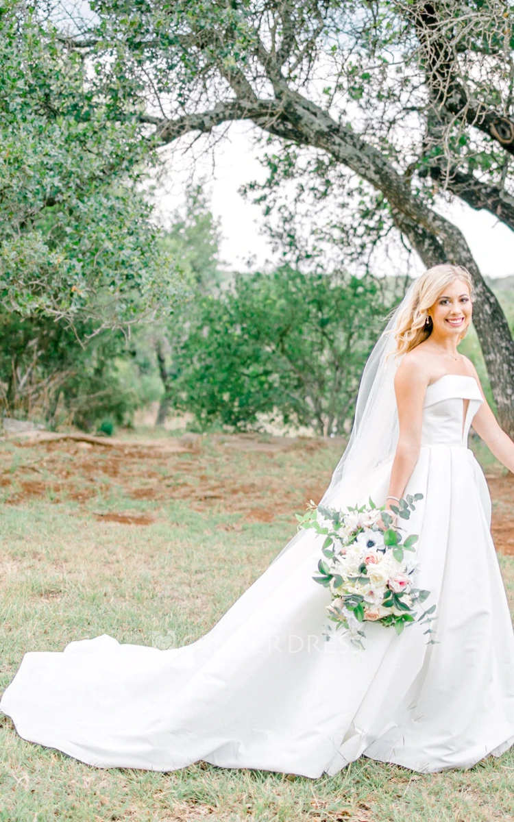 Satin Ball Gown Strapless Beach Romantic Wedding Dress With Chapel Train And Button Back