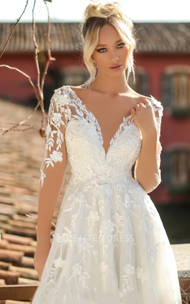 Casual A Line Tulle Plunging Neck Wedding Dress with Appliques and Ruching