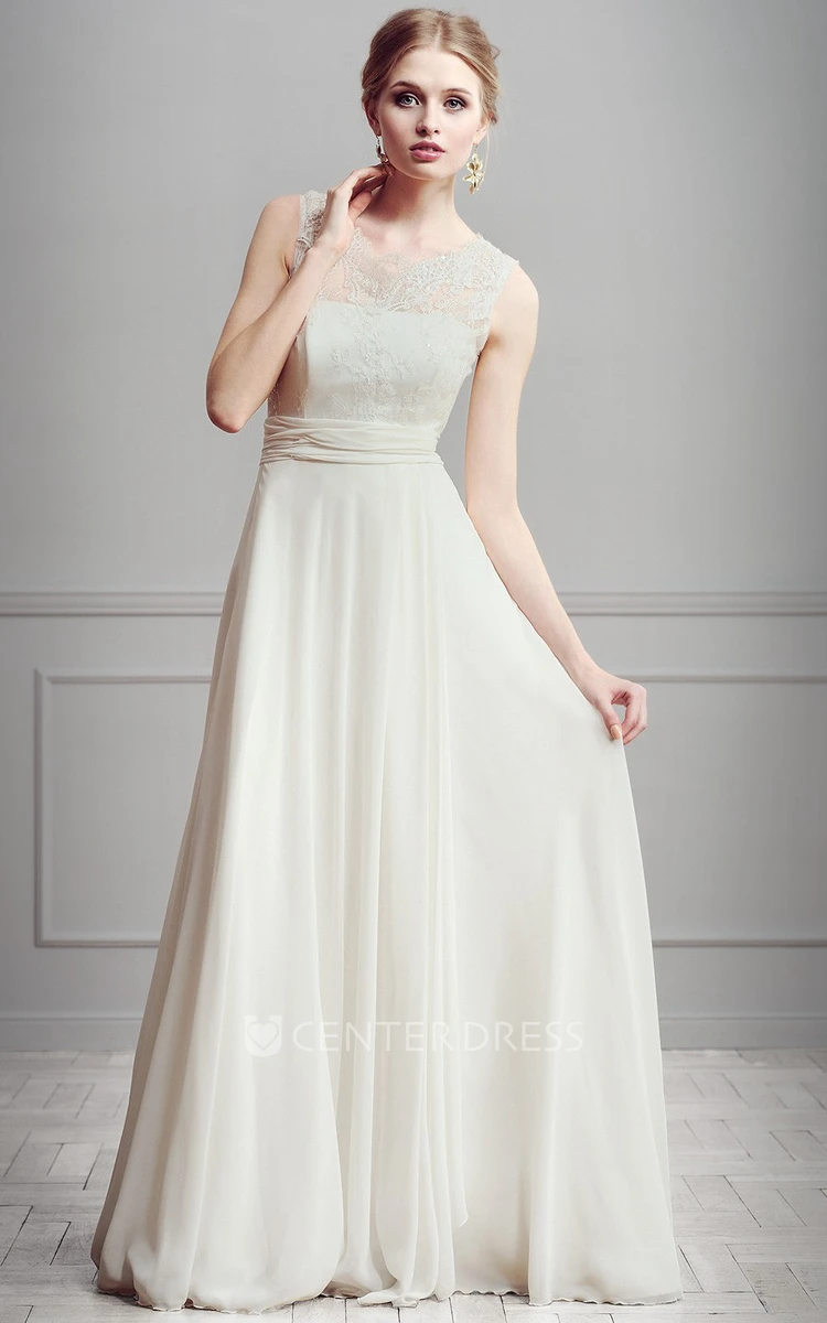 A-Line Lace Floor-Length Scoop-Neck Sleeveless Tulle&Satin Wedding Dress