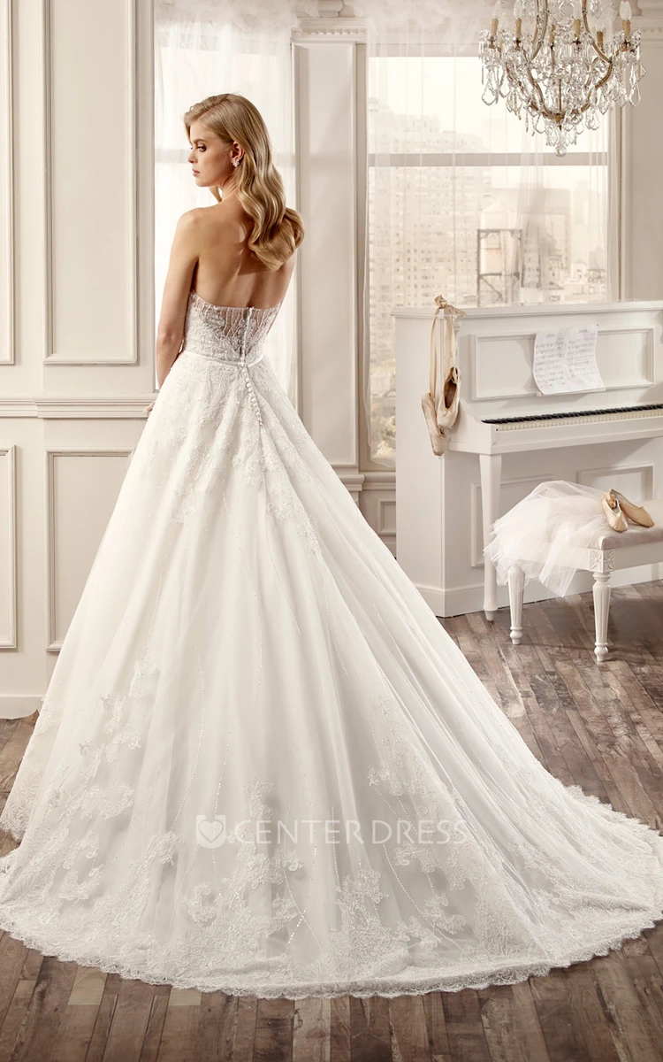 Strapless A-Line Lace Wedding Dress With Appliques And Brush Train