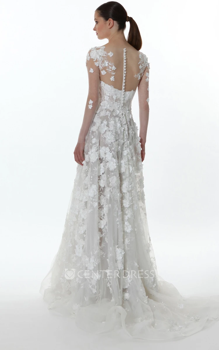Elegant A Line Floor-length Long Sleeve Lace Wedding Dress with Appliques