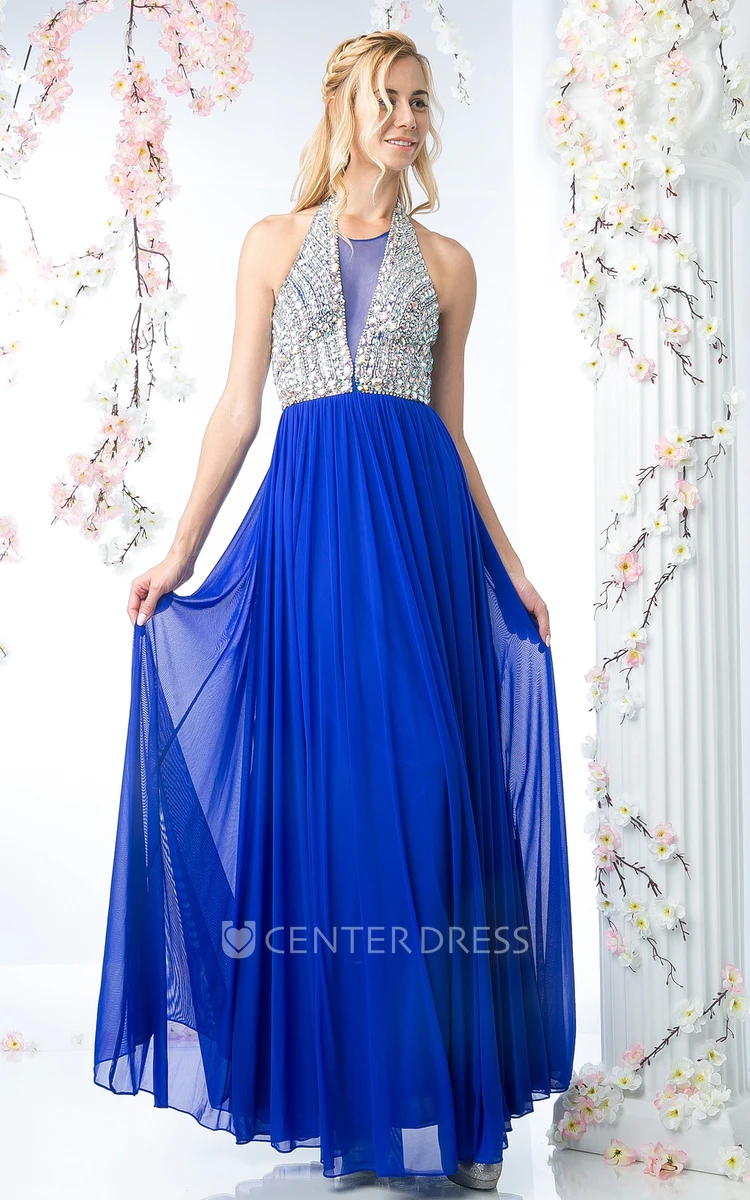 A-Line Halter Sleeveless Chiffon Backless Dress With Crystal Detailing And Pleats