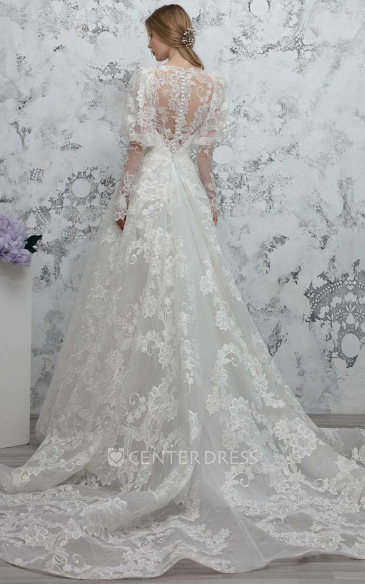 Elegant Ball Gown Tulle Plunging Neckline Floor-length Brush Train Wedding Dress With Appliques