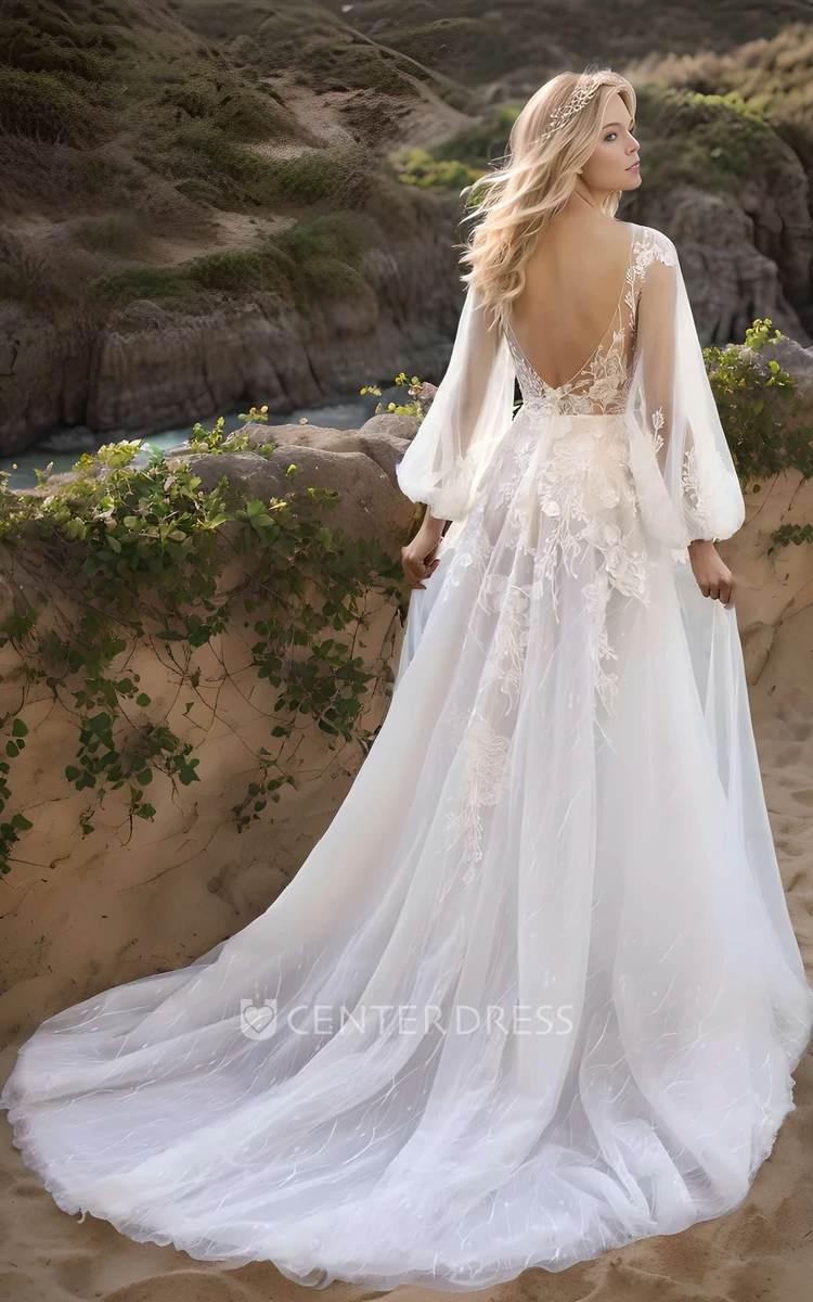 Sexy Elegant A-Line Long Sleeve Spring Wedding Dress Bohemian Elopement Beach Garden Outdoor Backless Long Train Bridal Gown