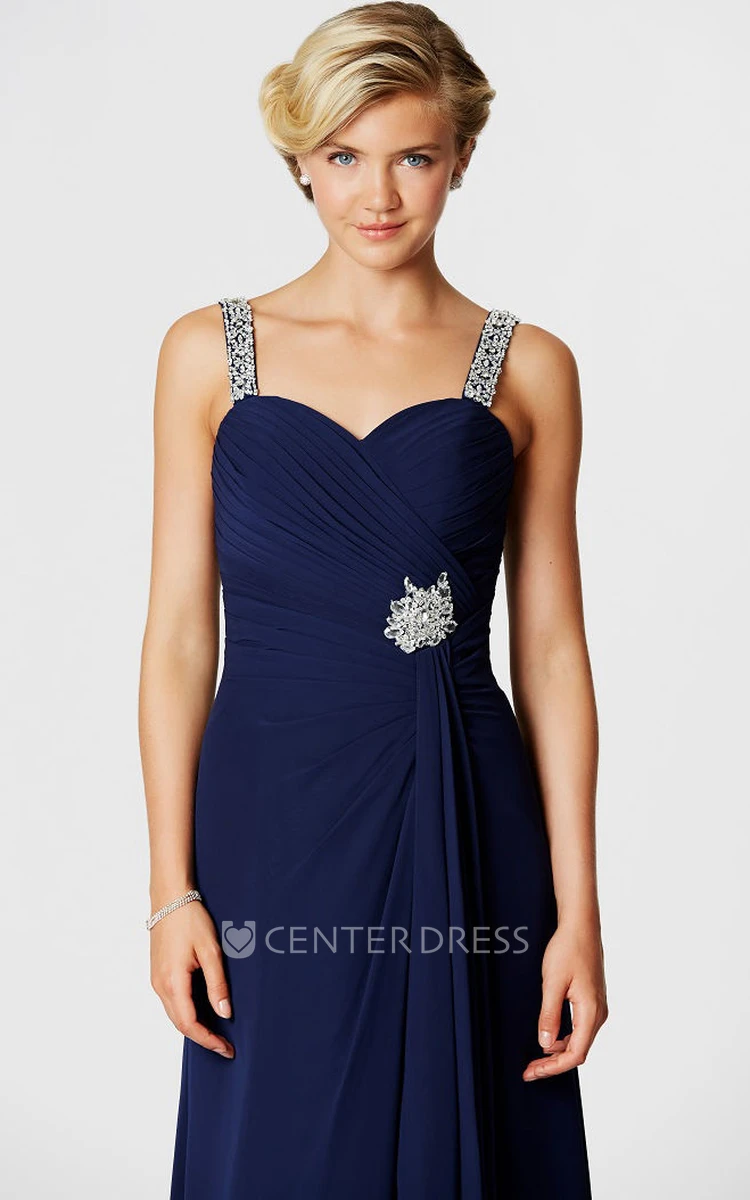 Sleeveless Ruched Strapped Chiffon Bridesmaid Dress With Beading And Draping