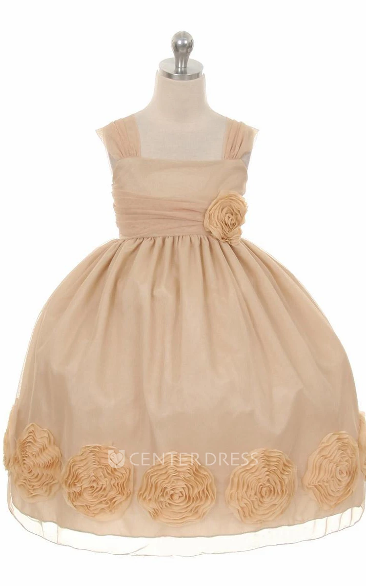 Tea-Length Floral Floral Empire Pleated Flower Girl Dress With Ribbon