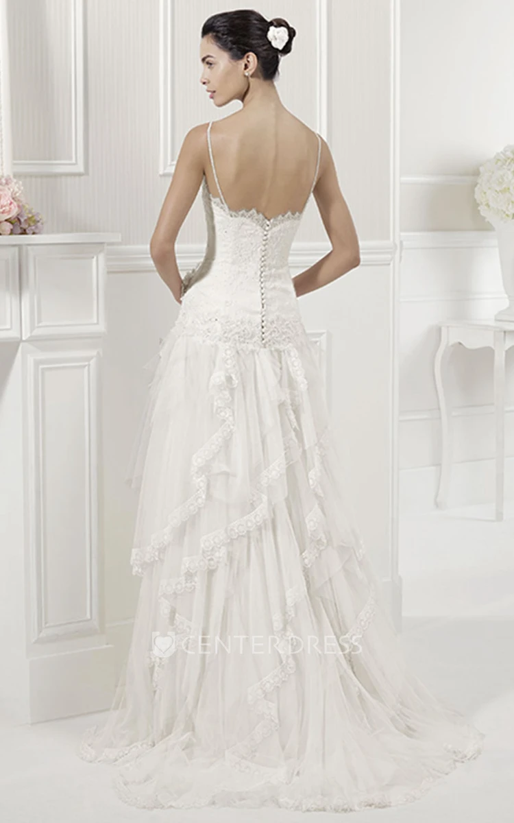 Back Spaghetti Straps Bridal Gown With Sequined Lace Top And Layered Skirt
