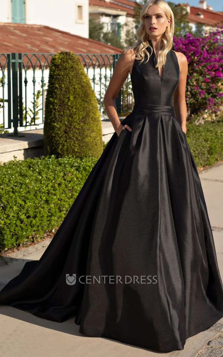 Modern Ball Gown Satin Floor-length Sleeveless Evening Dress with Ruching