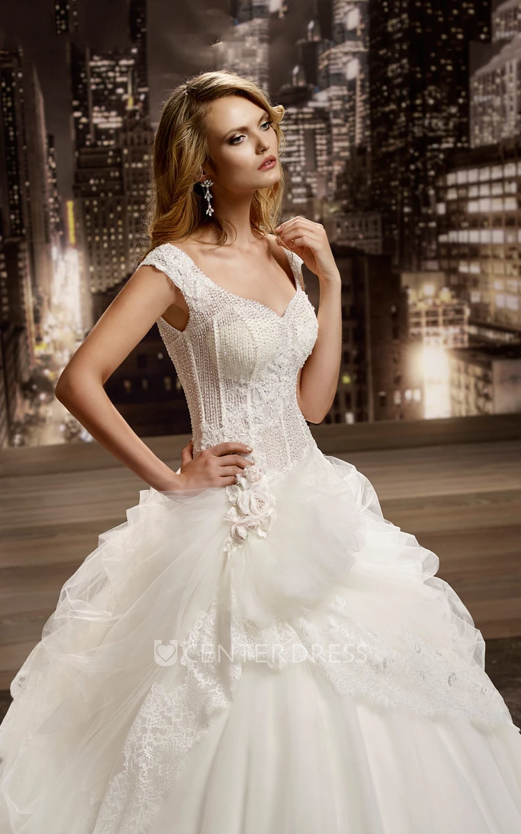 V-neck Floral Cap sleeve Wedding Gown with Lace Corset and