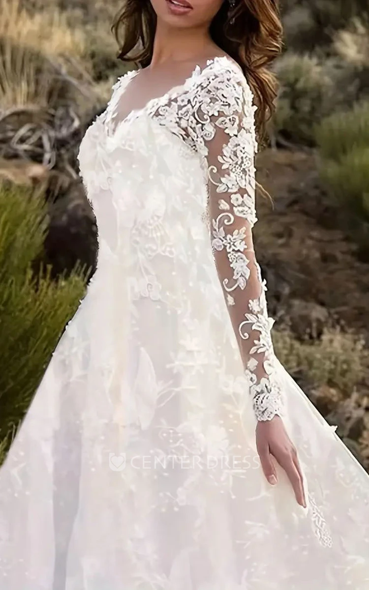 V-neck Lace Ball Gown Wedding Dress with Long Sleeves Sexy in Country Garden Setting