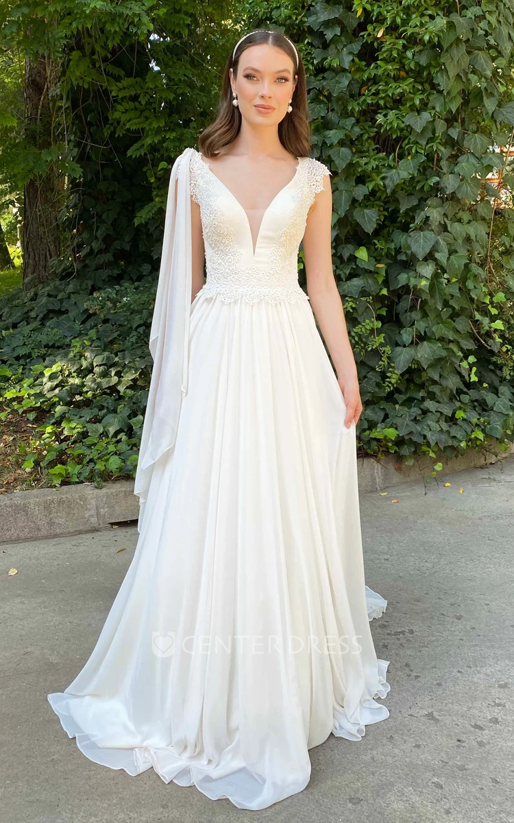 Greek Casual V-neck A Line Chiffon Court Train Wedding Dress with Ruching