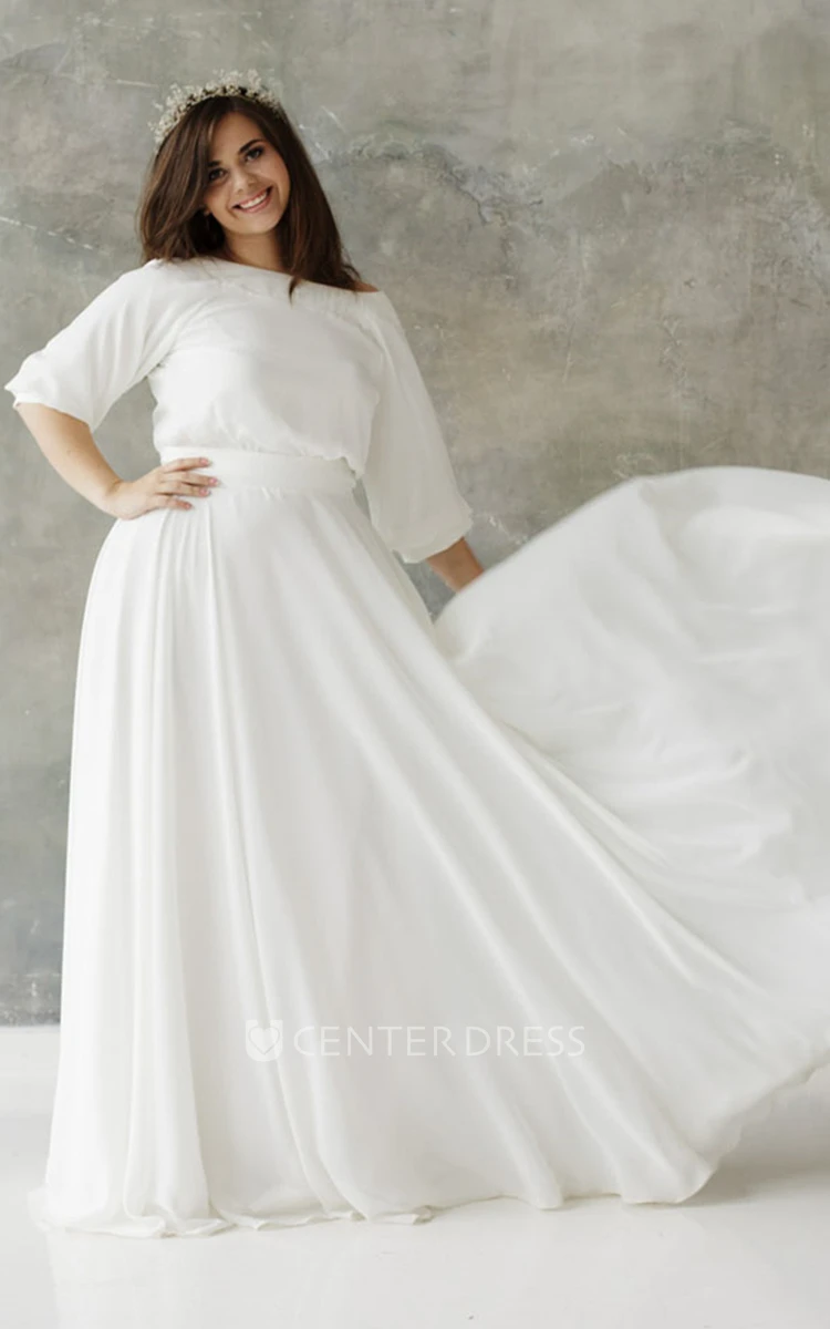 Plus Size Modest A Line Chiffon Half Sleeve Wedding Dress 
