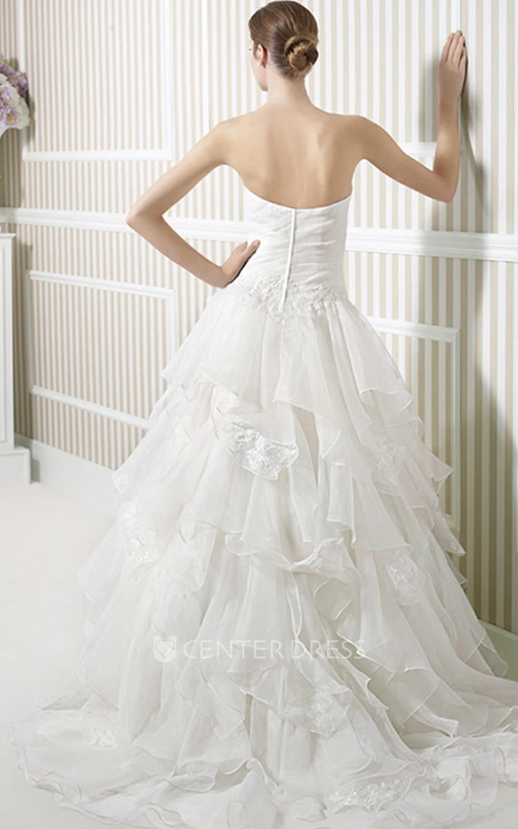 A-Line Sweetheart Appliqued Organza Wedding Dress With Ruffles And Flower