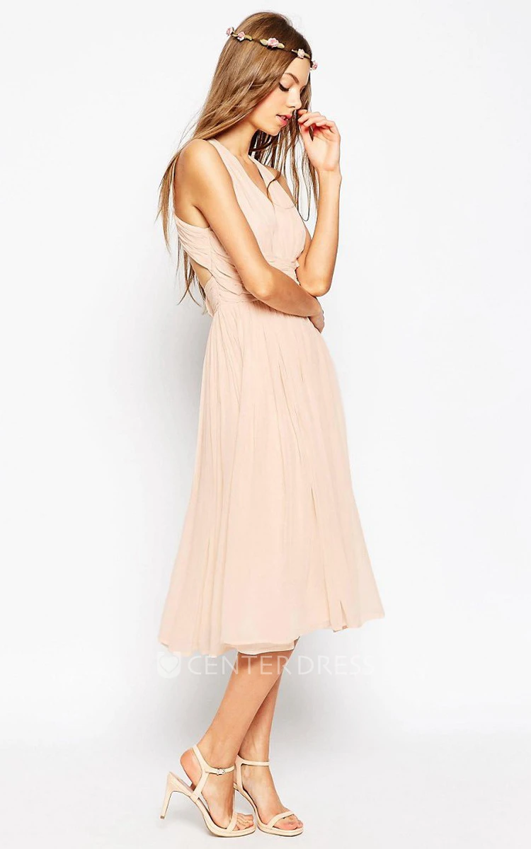 V-Neck Tea-Length Pleated Sleeveless Chiffon Bridesmaid Dress With Ruching And Straps