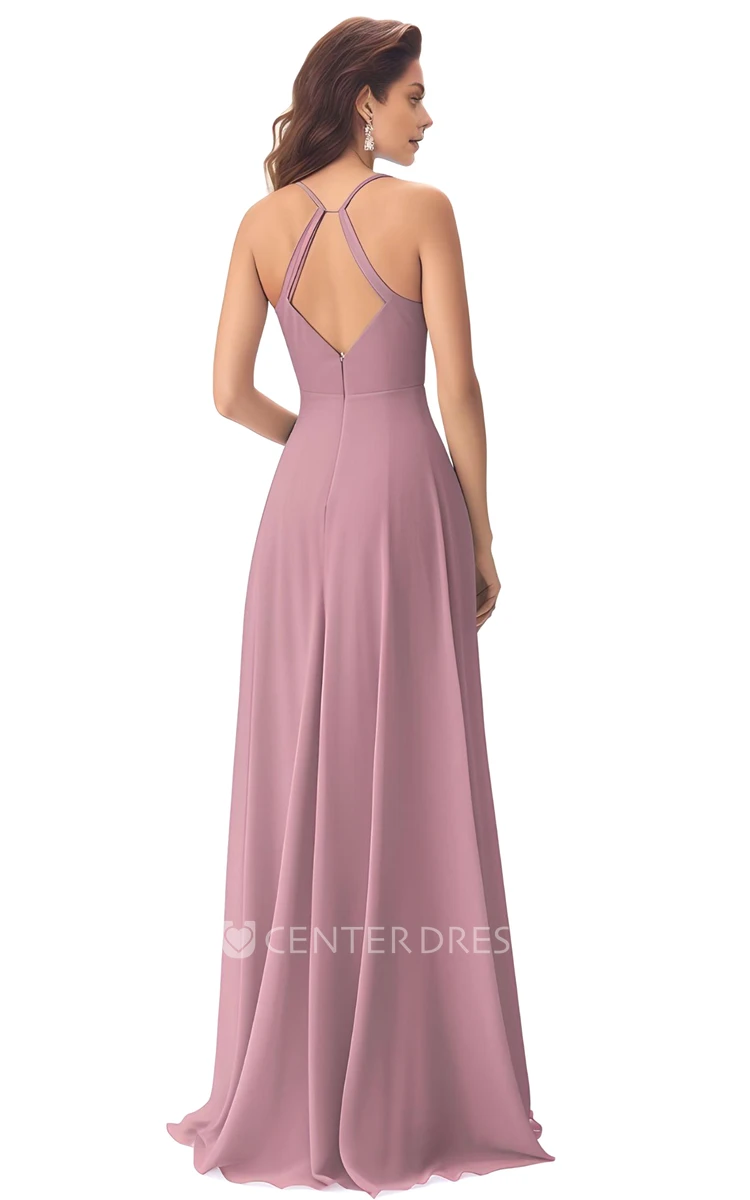 V-neck Chiffon Bridesmaid Dress with A-Line and Split Front Bohemian and Unique