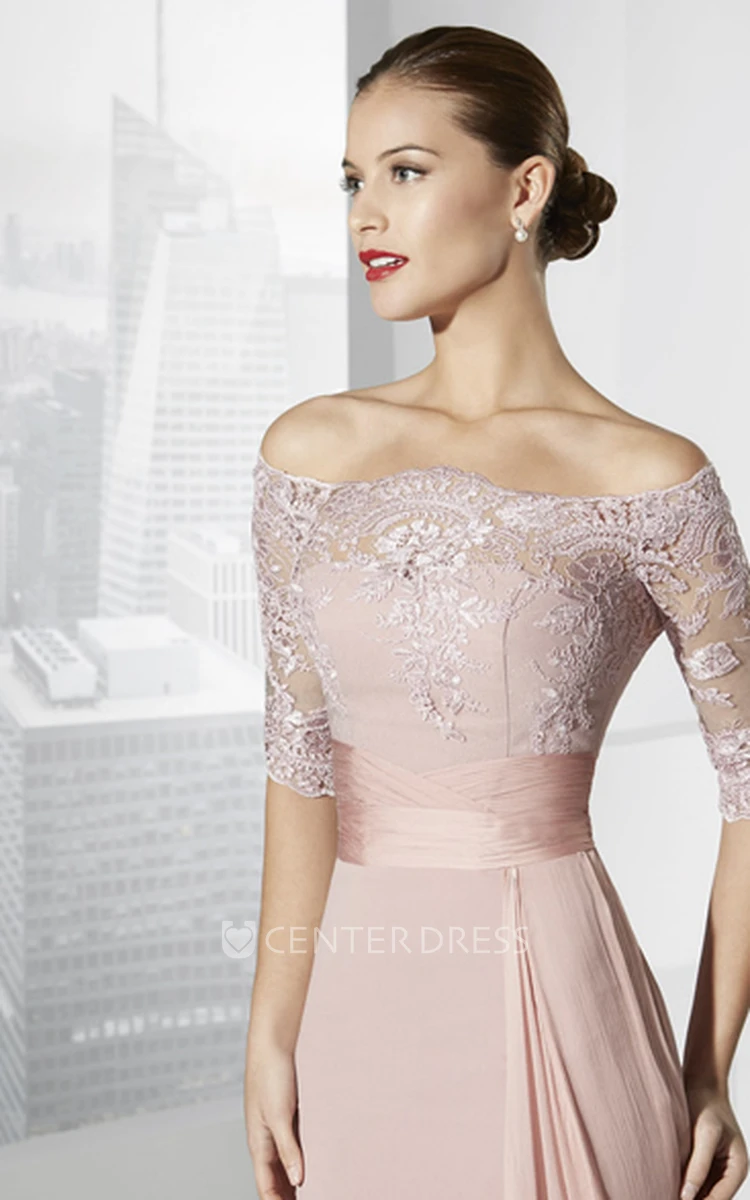 Sheath Half-Sleeve Off-The-Shoulder Appliqued Maxi Chiffon Prom Dress