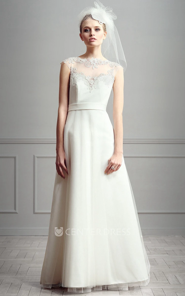 A-Line Jewel-Neck Floor-Length Cap-Sleeve Appliqued Satin Wedding Dress