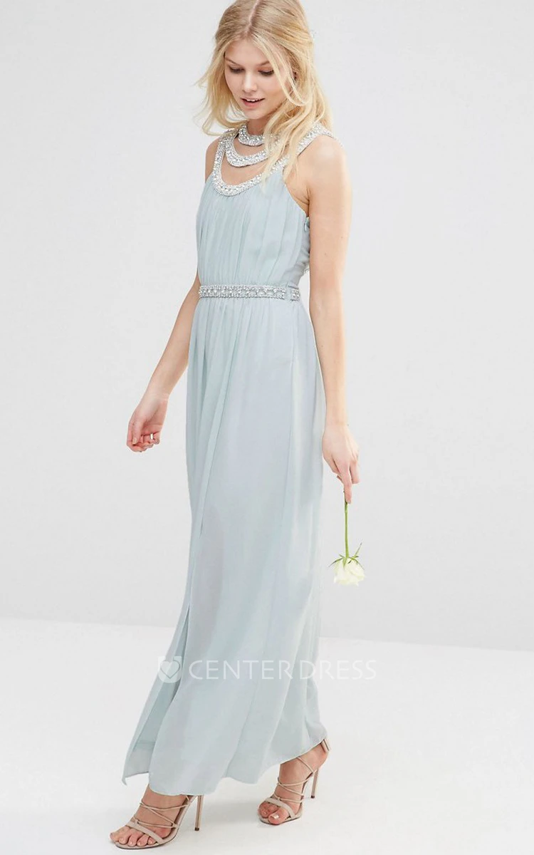 Ankle-Length Beaded Sleeveless Scoop Neck Chiffon Bridesmaid Dress With Straps