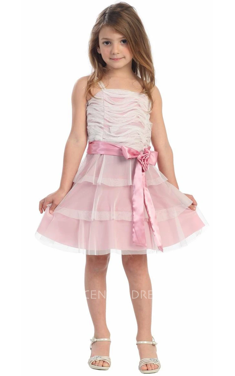 Knee-Length Floral Tiered Flower Girl Dress With Embroidery