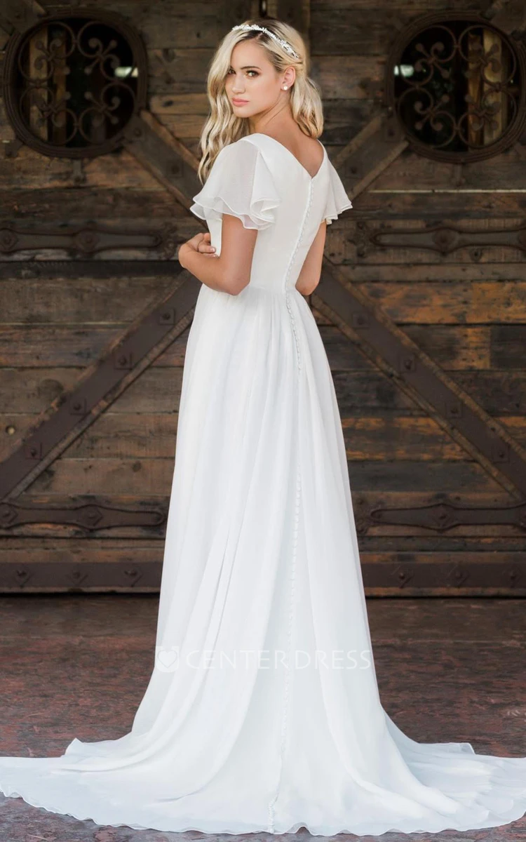 Modest V-neck Floor-length Chiffon Short Sleeve A Line Brush Train Wedding Dress with Ruffles