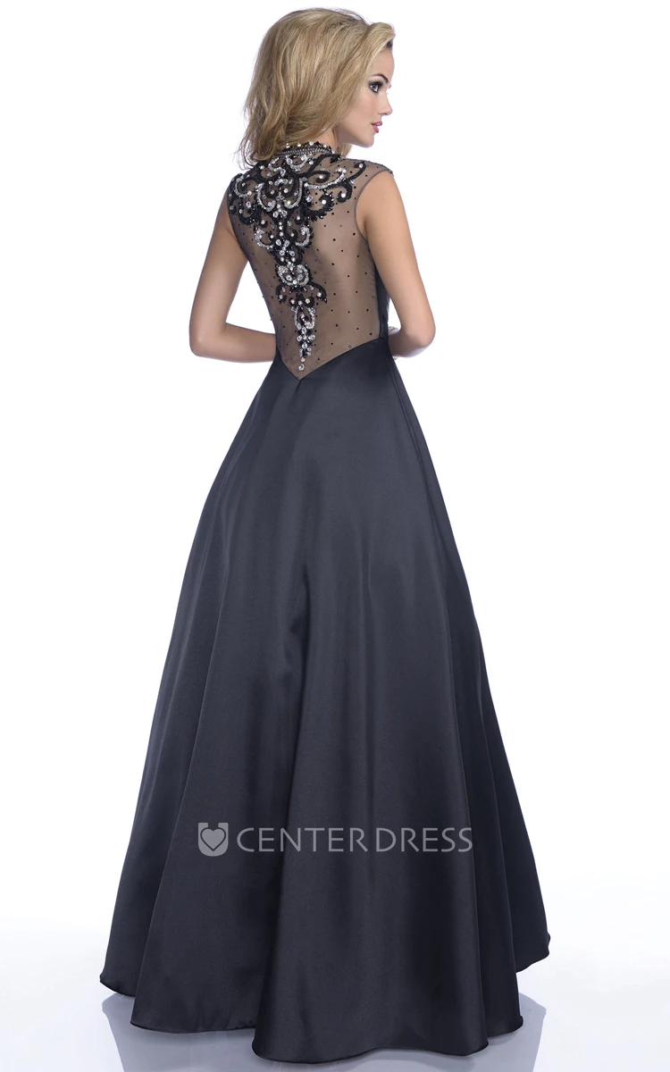 Cap Sleeve A-Line Satin Gown With Sophisticated Neck