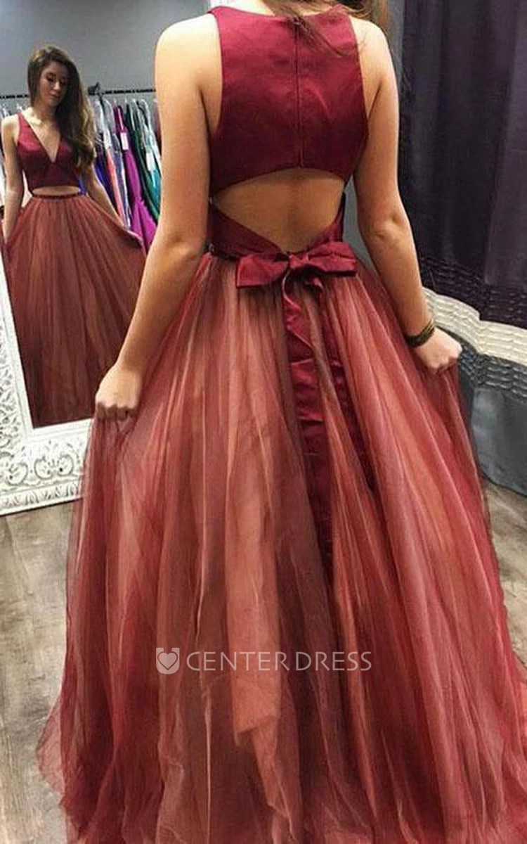 Modern V-neck Two Piece Floor-length Sleeveless Tulle Formal Dress with Bow
