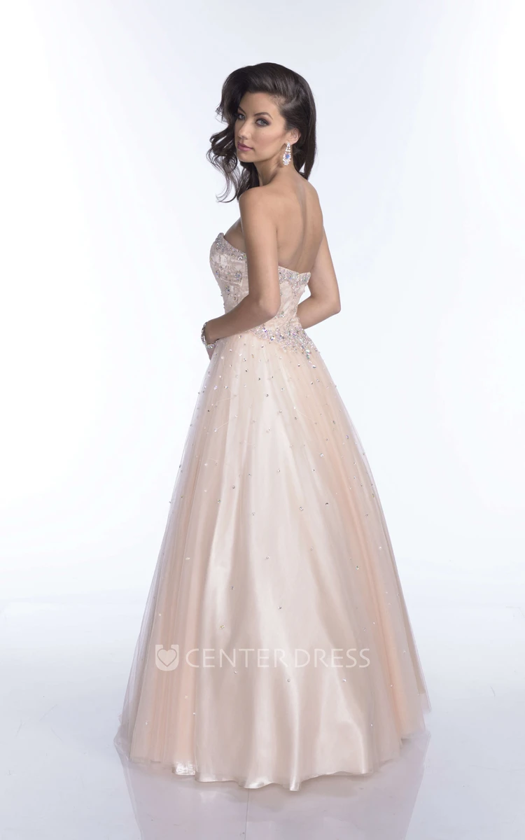 Sophisticated A-Line Tulle Sleeveless Sweetheart Prom Dress With Shining Rhinestones And Sequins