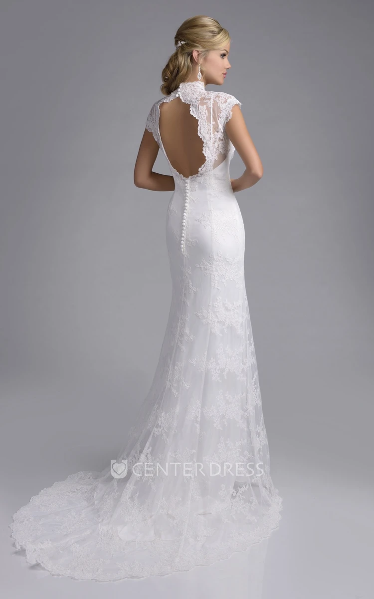 Cap Sleeve Sheath Lace Wedding Dress With Scalloped-Edge Neckline And Keyhole Back