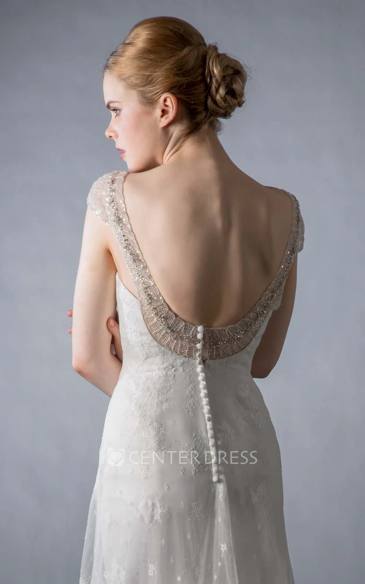 A-Line Scoop-Neck Cap-Sleeve Beaded Floor-Length Lace Wedding Dress With Appliques And Deep-V Back