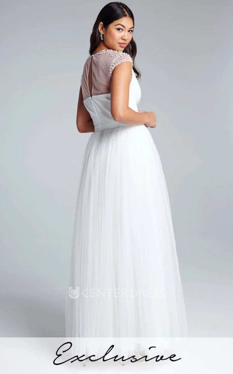 Cap Sleeve Ruched Scoop Neck Tulle Bridesmaid Dress