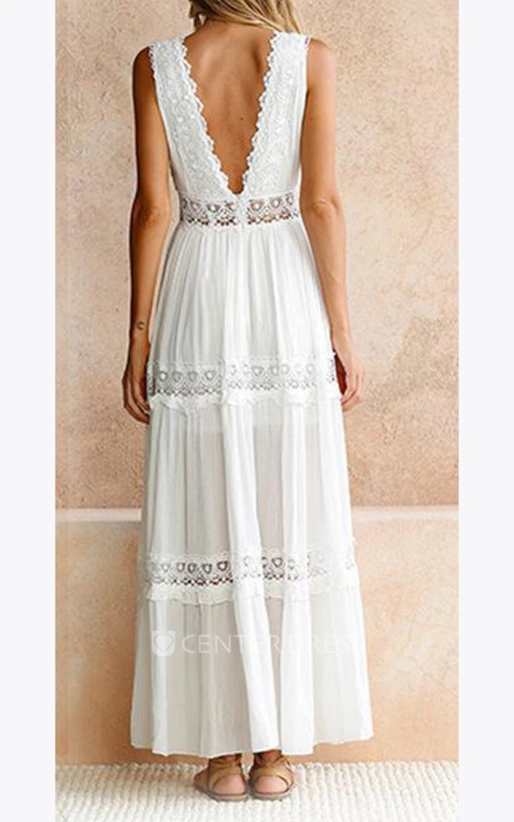Chiffon A-Line Wedding Dress with Scalloped V-Neck Beach Garden Style