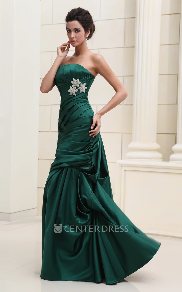 Unique Strapless Sleeveless Satin Ruched Formal Dress With Pick-Up Ruffles