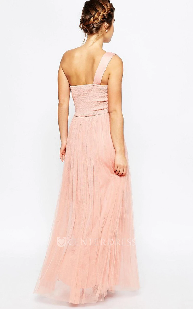 One-Shoulder Sleeveless Crystal Tulle Bridesmaid Dress With Pleats