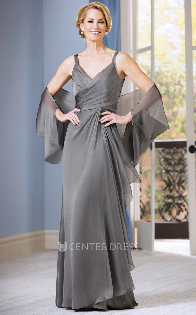Sleeveless V-Neck Long Mother Of The Bride Dress With Ruching And Matching Shawl